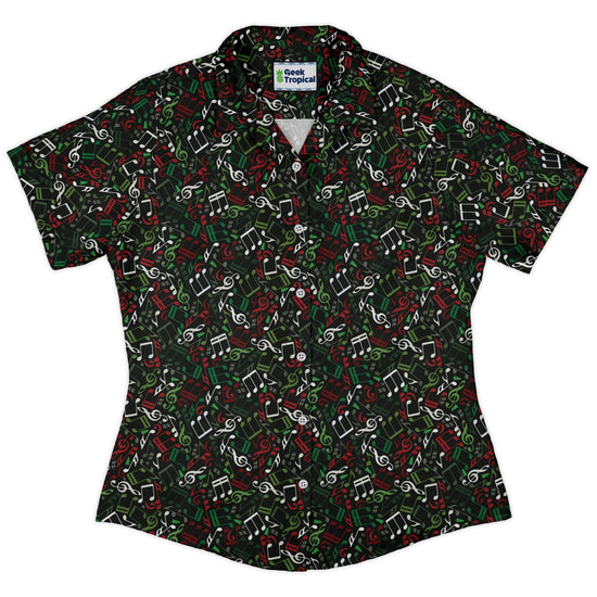 O Christmas Tree Music Notes Curvy Button Up Shirt Geek Nerd Christmas Print music print women
