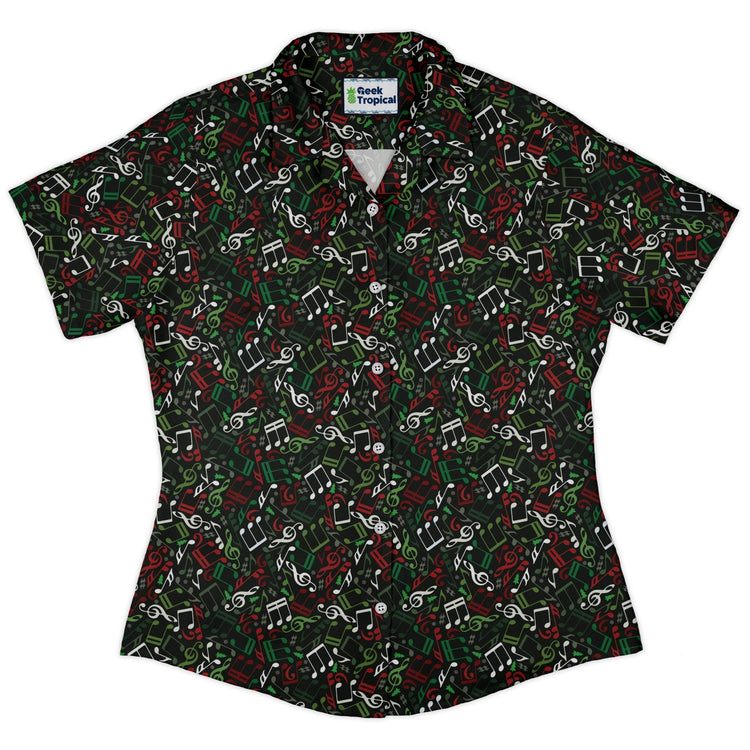 O Christmas Tree Music Notes Curvy Button Up Shirt Geek Nerd Christmas Print music print women