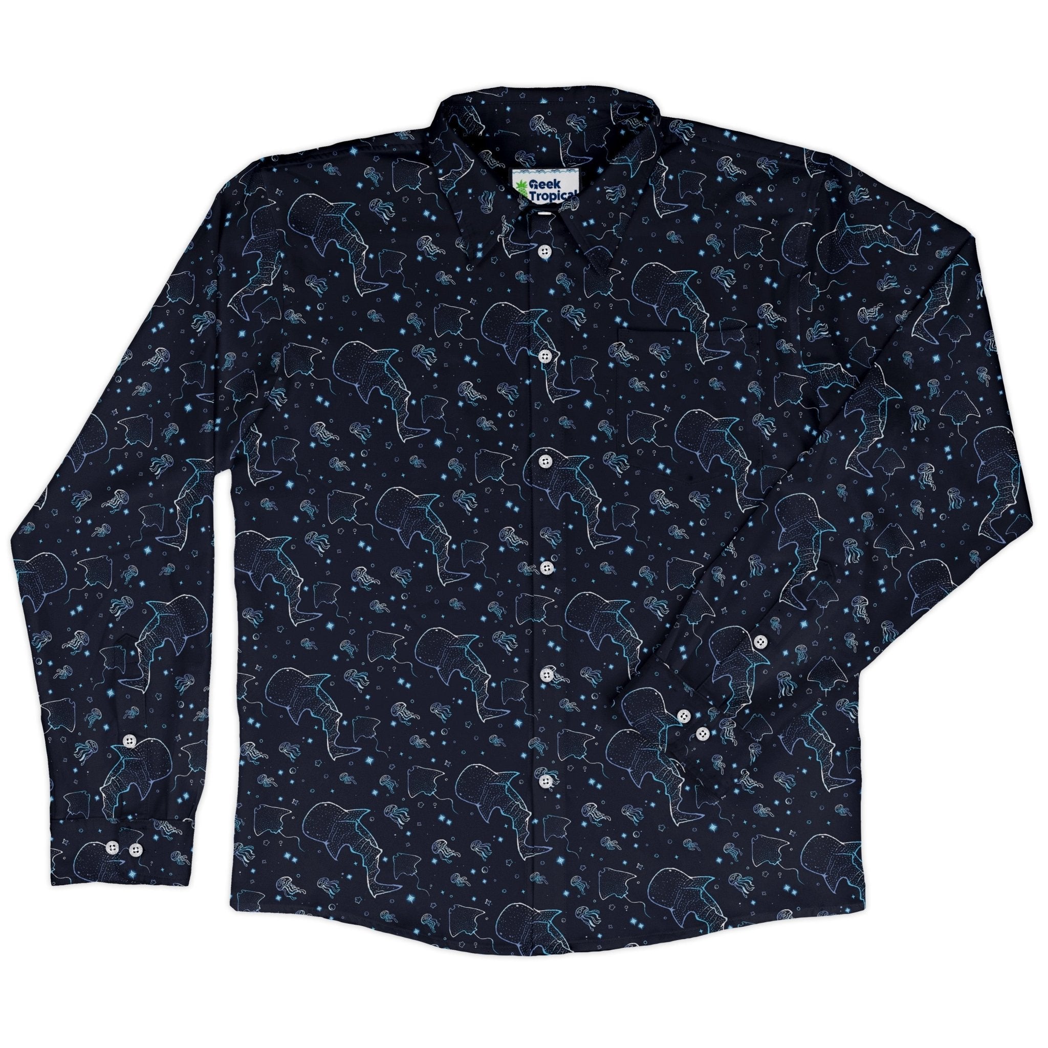 Ocean Giants Long Sleeve Button Up Shirt Geek Nerd adult sizing animal patterns Design by Ardi Tong