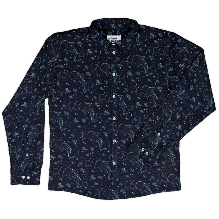 Ocean Giants Long Sleeve Button Up Shirt Geek Nerd adult sizing animal patterns Design by Ardi Tong