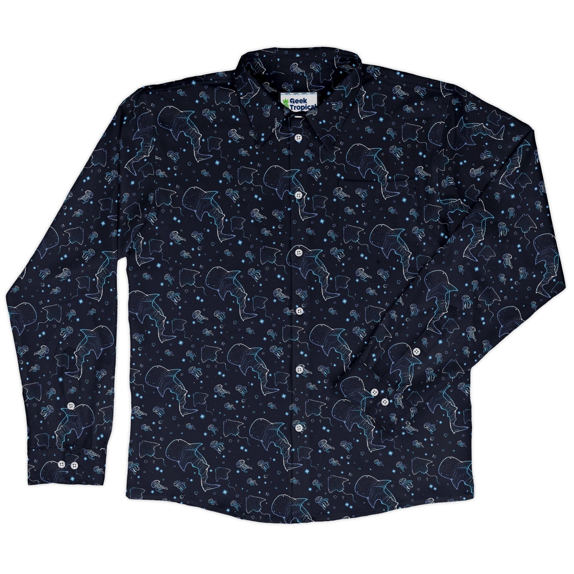 Ocean Giants Long Sleeve Button Up Shirt Geek Nerd adult sizing animal patterns Design by Ardi Tong