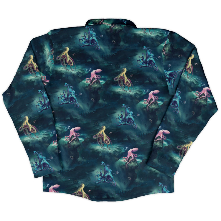 Octopus Lair Long Sleeve Button Up Shirt Geek Nerd adult sizing Design by Vlad Mel FLOW DESC WRITING