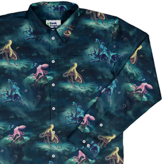 Octopus Lair Long Sleeve Button Up Shirt Geek Nerd adult sizing Design by Vlad Mel FLOW DESC WRITING