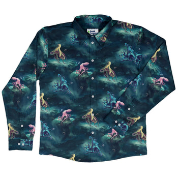Octopus Lair Long Sleeve Button Up Shirt Geek Nerd adult sizing Design by Vlad Mel FLOW DESC WRITING