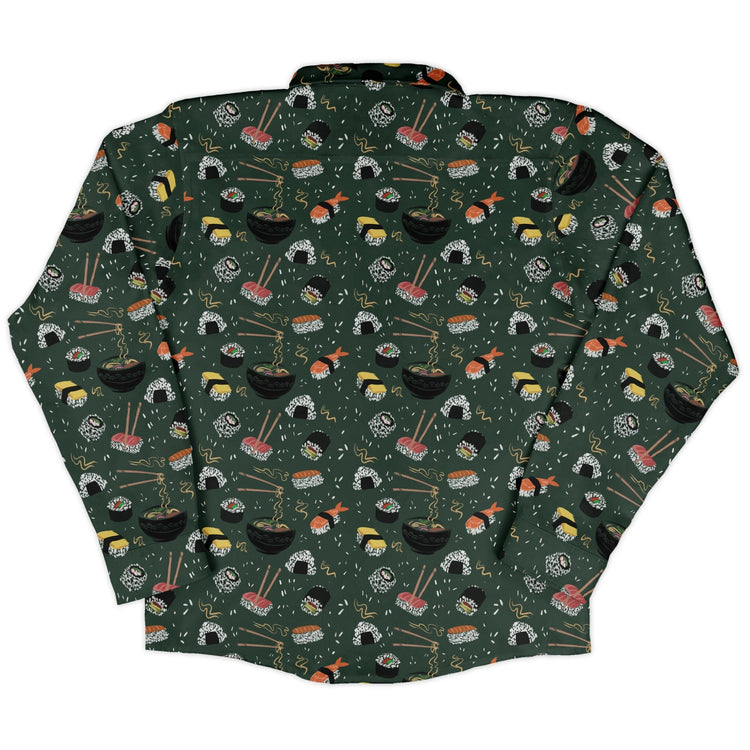 Oishi Sushi Green Long Sleeve Button Up Shirt Geek Nerd adult sizing Anime Design by Claire Murphy