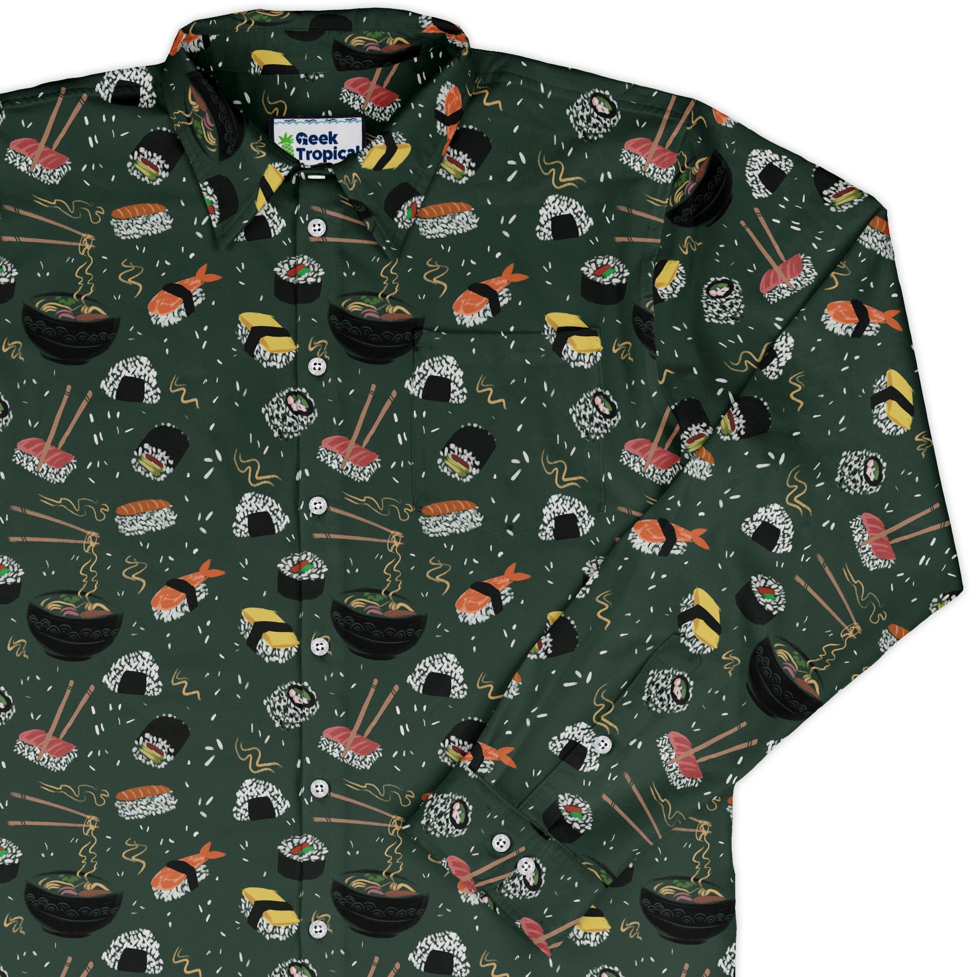 Oishi Sushi Green Long Sleeve Button Up Shirt Geek Nerd adult sizing Anime Design by Claire Murphy