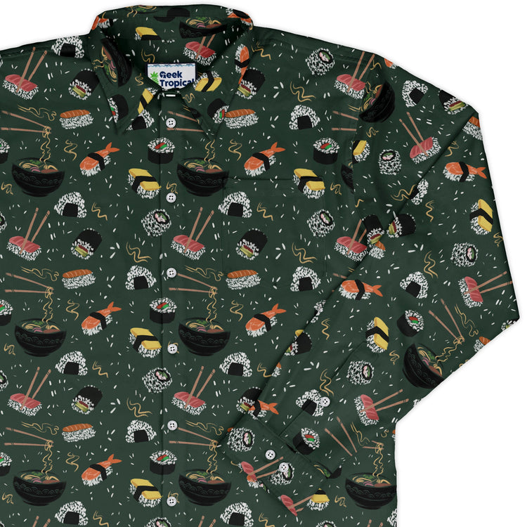 Oishi Sushi Green Long Sleeve Button Up Shirt Geek Nerd adult sizing Anime Design by Claire Murphy