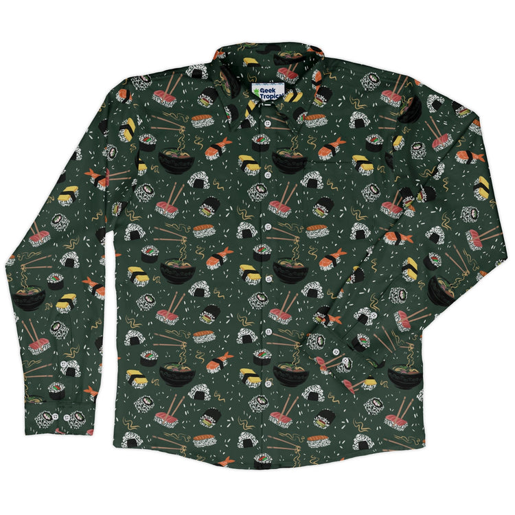 Oishi Sushi Green Long Sleeve Button Up Shirt Geek Nerd adult sizing Anime Design by Claire Murphy