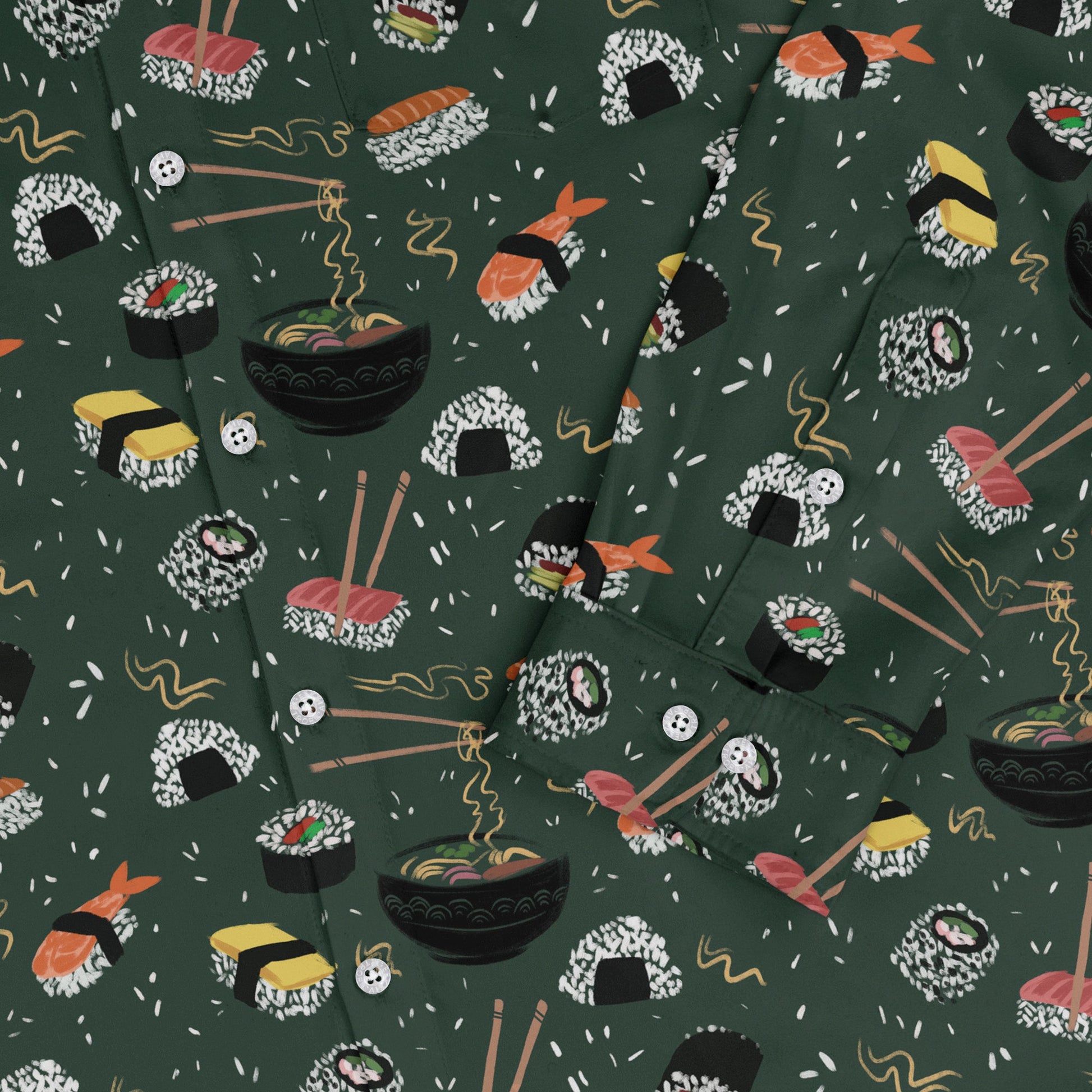 Oishi Sushi Green Long Sleeve Button Up Shirt Geek Nerd adult sizing Anime Design by Claire Murphy