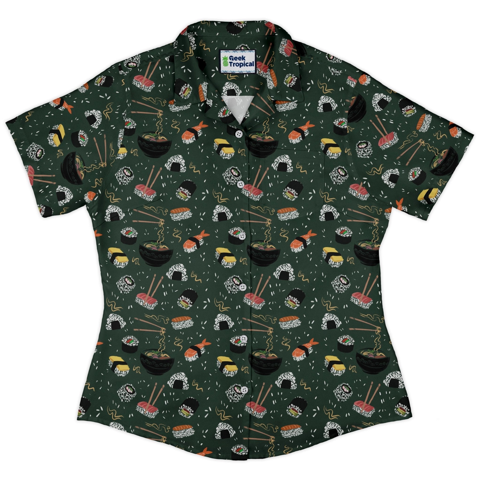 Oishi Sushi Green Curvy Button Up Shirt Geek Nerd Anime Design by Claire Murphy women