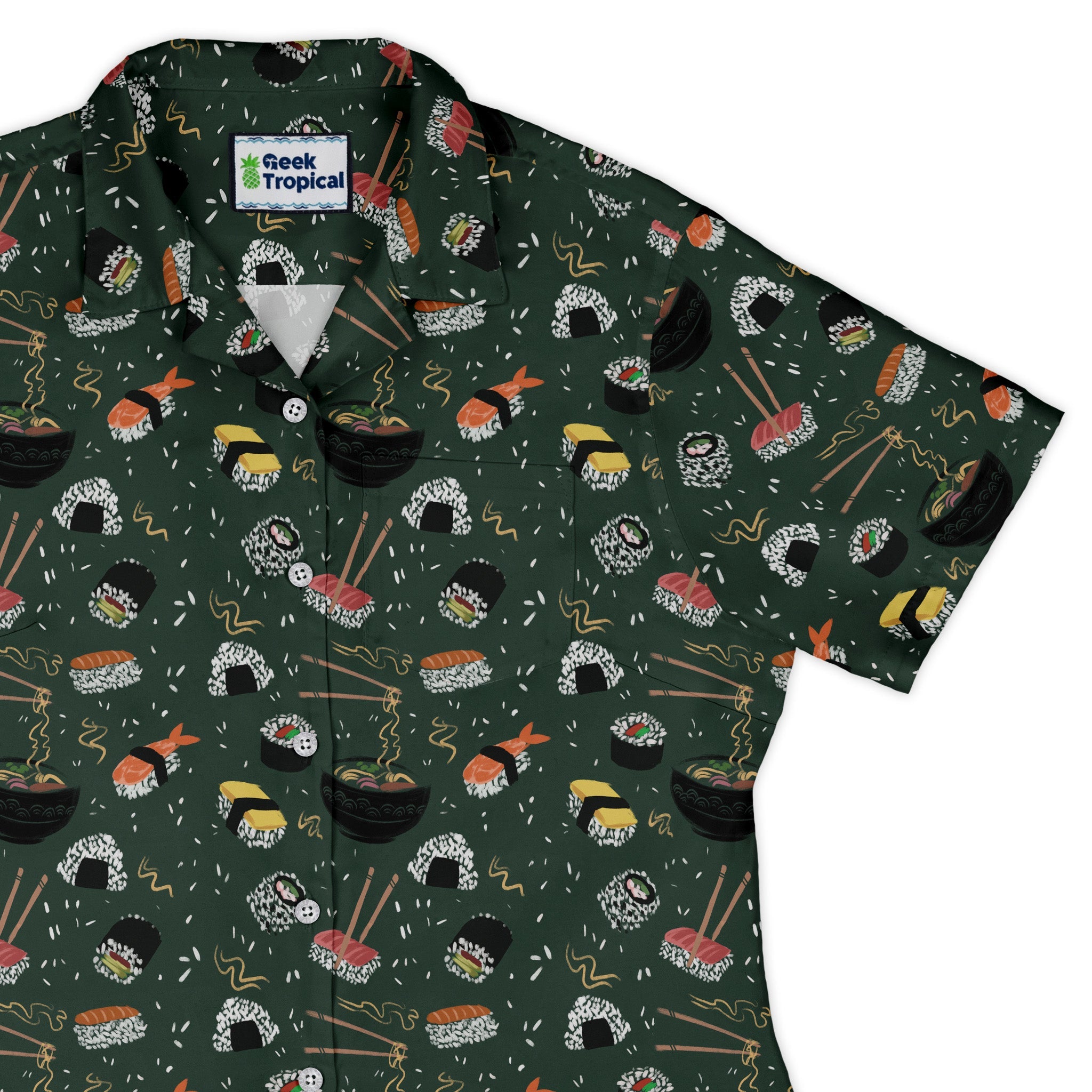 Oishi Sushi Green Curvy Button Up Shirt Geek Nerd Anime Design by Claire Murphy women