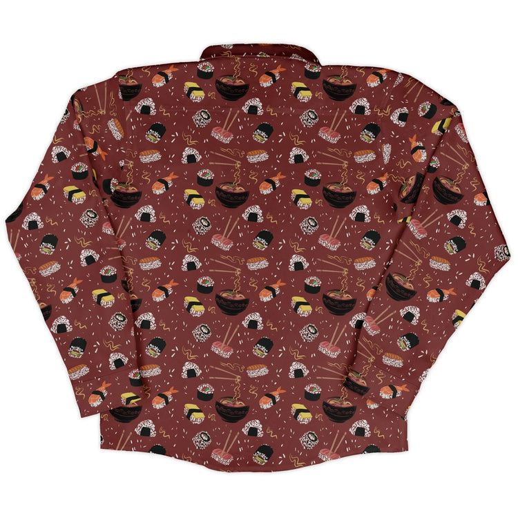 Oishi Sushi Red Long Sleeve Button Up Shirt Geek Nerd adult sizing Anime Design by Claire Murphy