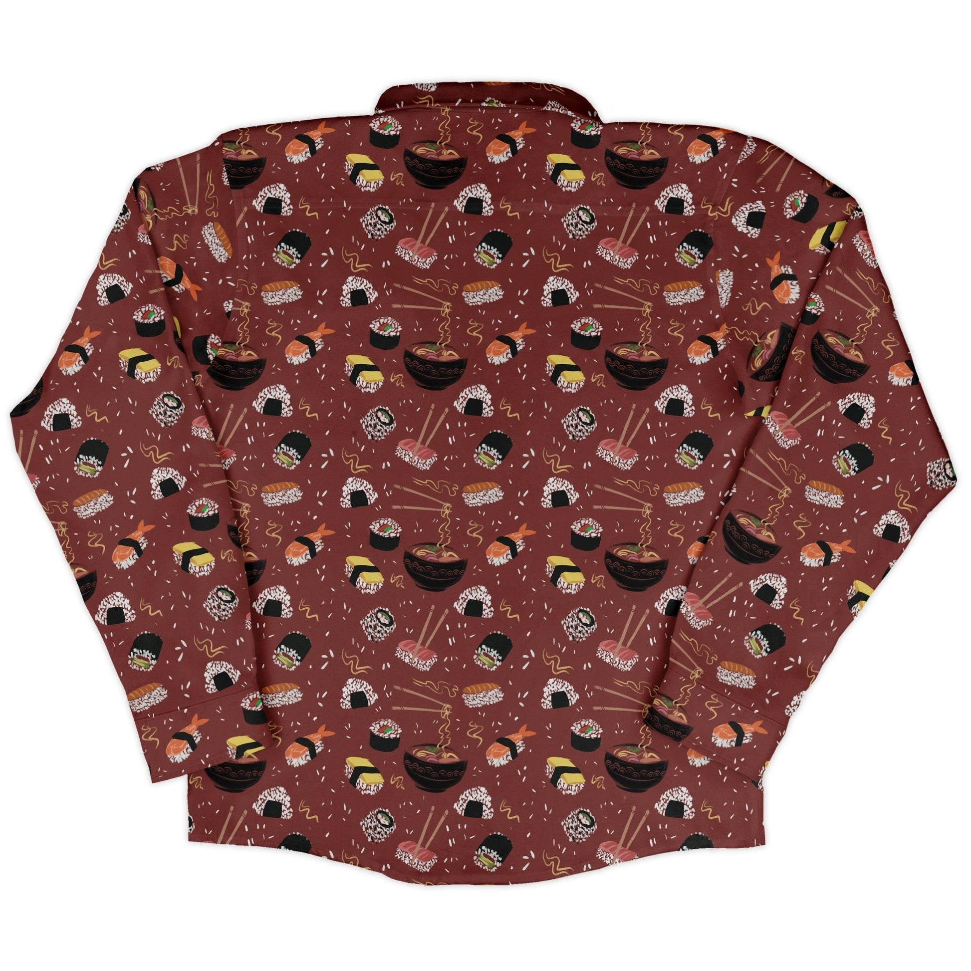 Oishi Sushi Red Long Sleeve Button Up Shirt Geek Nerd adult sizing Anime Design by Claire Murphy