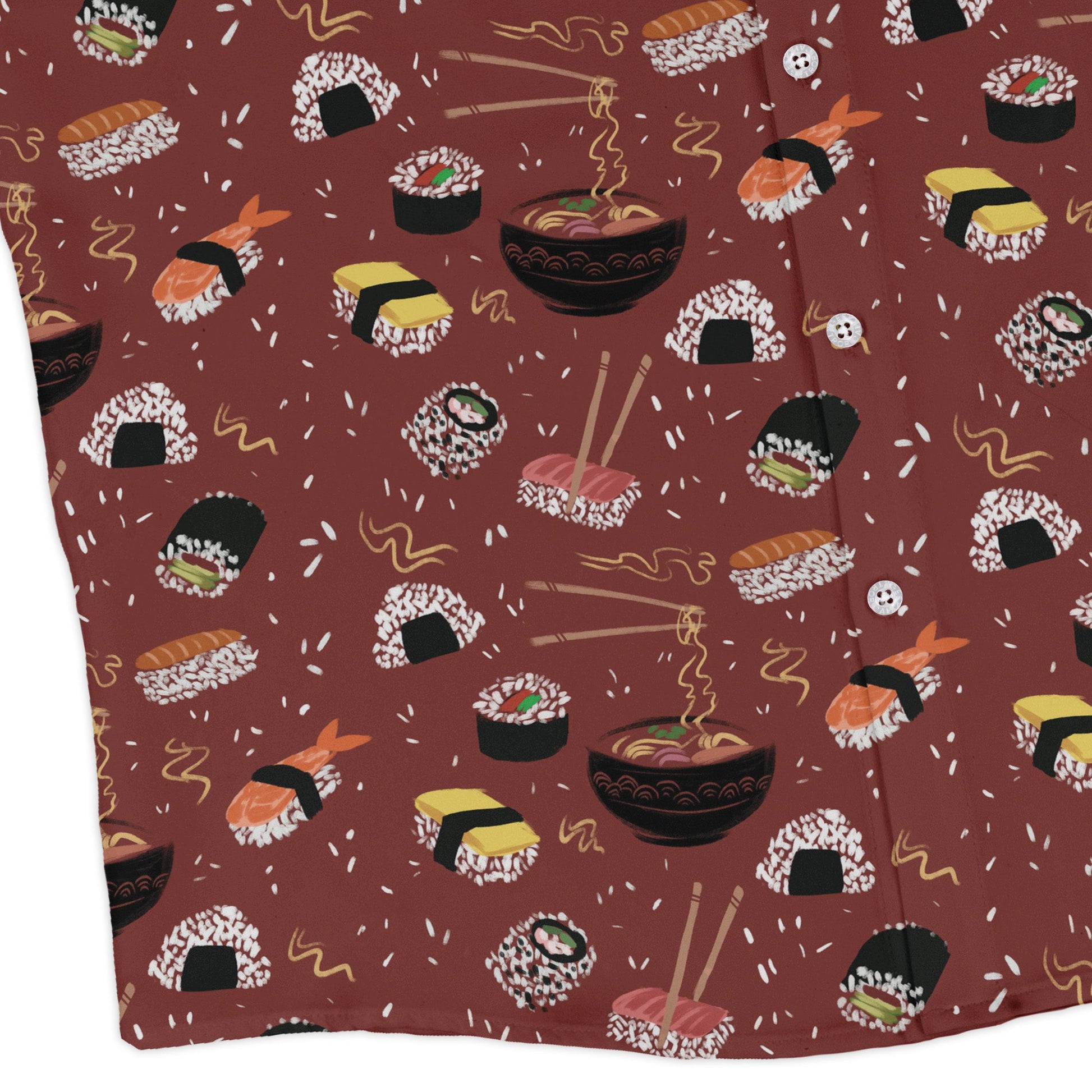 Oishi Sushi Red Long Sleeve Button Up Shirt Geek Nerd adult sizing Anime Design by Claire Murphy