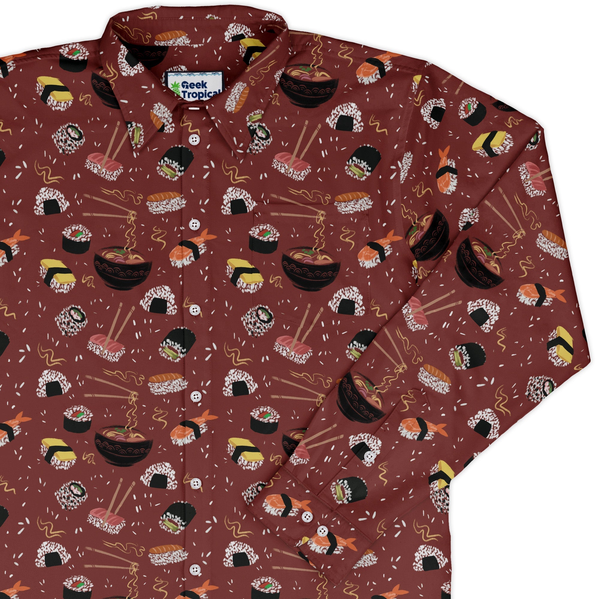 Oishi Sushi Red Long Sleeve Button Up Shirt Geek Nerd adult sizing Anime Design by Claire Murphy