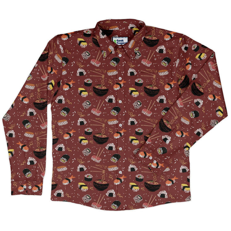 Oishi Sushi Red Long Sleeve Button Up Shirt Geek Nerd adult sizing Anime Design by Claire Murphy