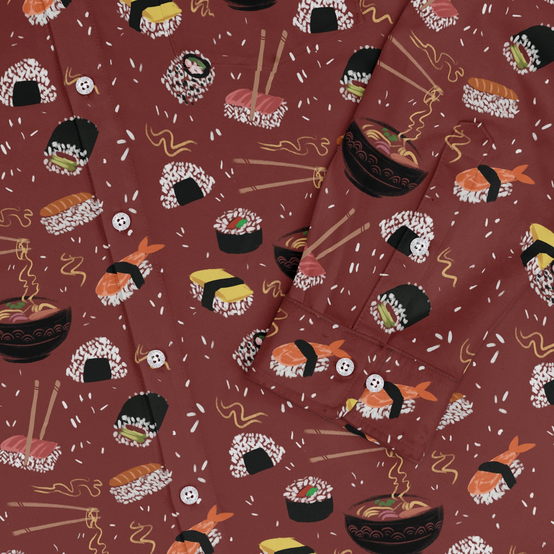 Oishi Sushi Red Long Sleeve Button Up Shirt Geek Nerd adult sizing Anime Design by Claire Murphy
