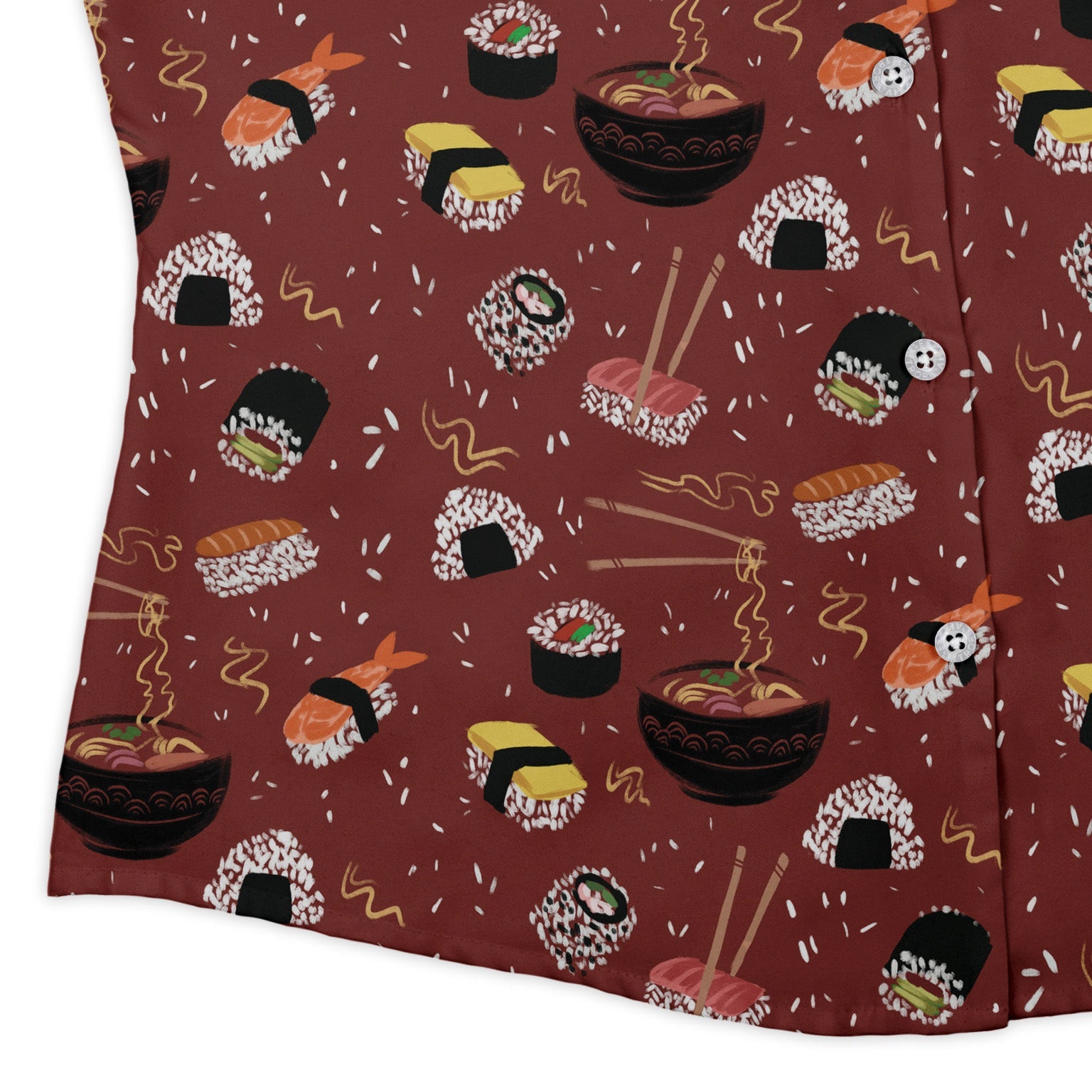 Oishi Sushi Red Curvy Button Up Shirt Geek Nerd Anime Design by Claire Murphy women