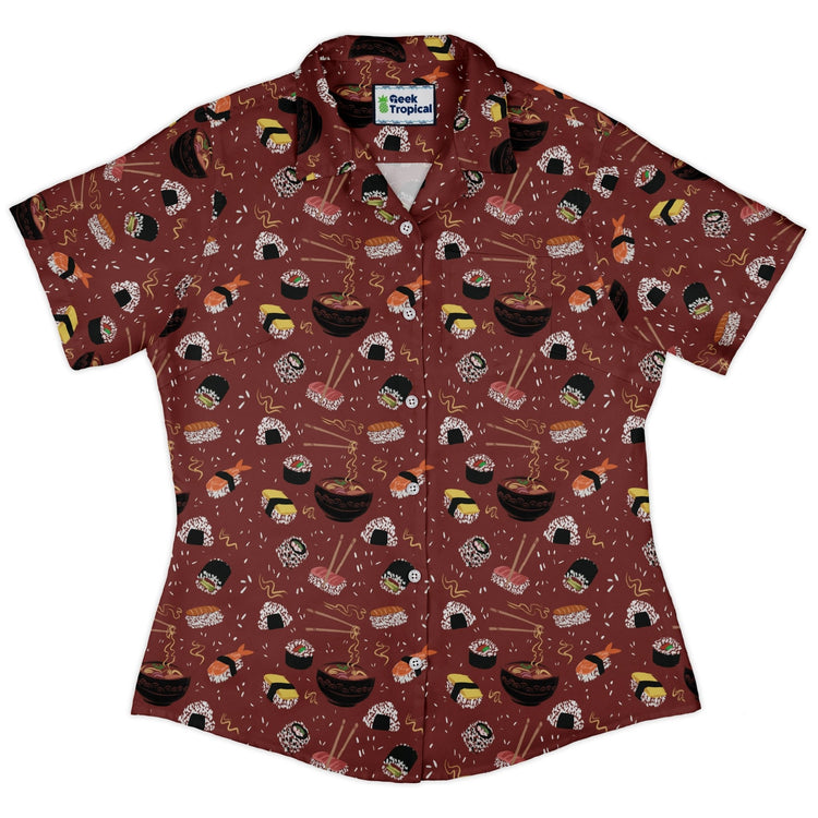 Oishi Sushi Red Curvy Button Up Shirt Geek Nerd Anime Design by Claire Murphy women