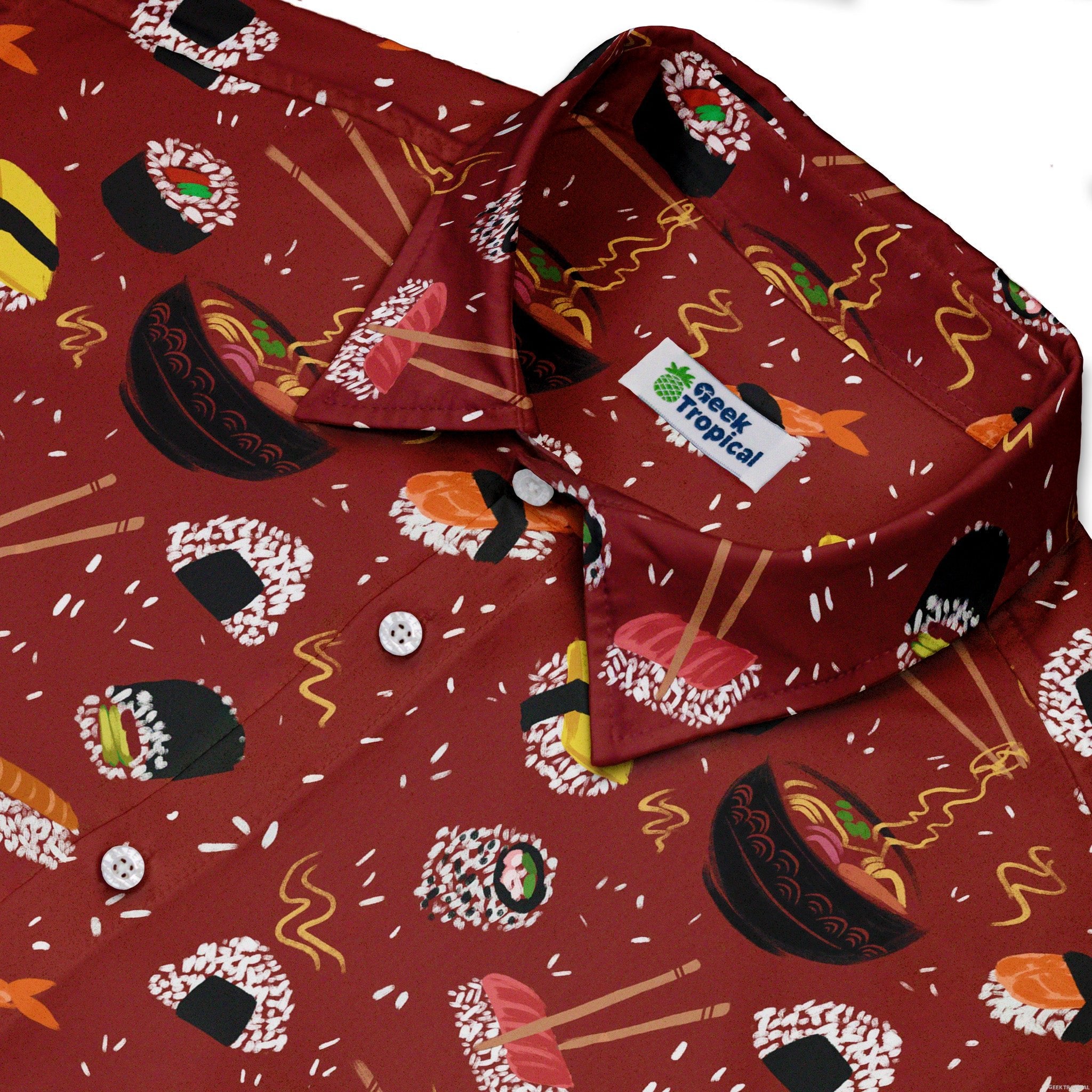 Ōishi Sushi Red Button Up Shirt - adult sizing - Anime - Design by Claire Murphy