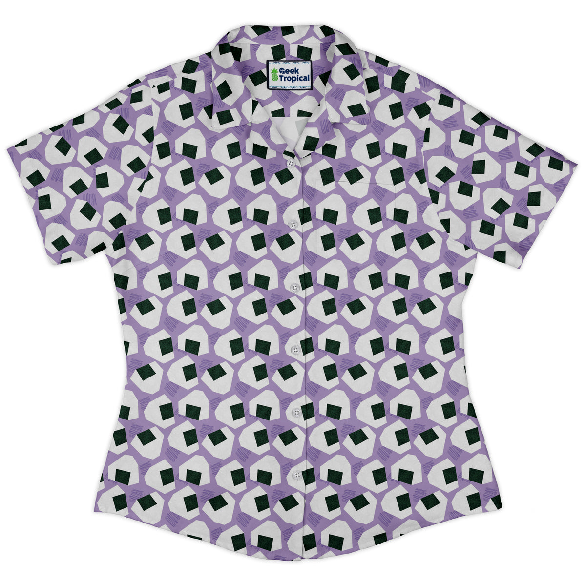 Omusubi Doodles Lilac Curvy Button Up Shirt Old Curvy Button Up Shirt womens front
