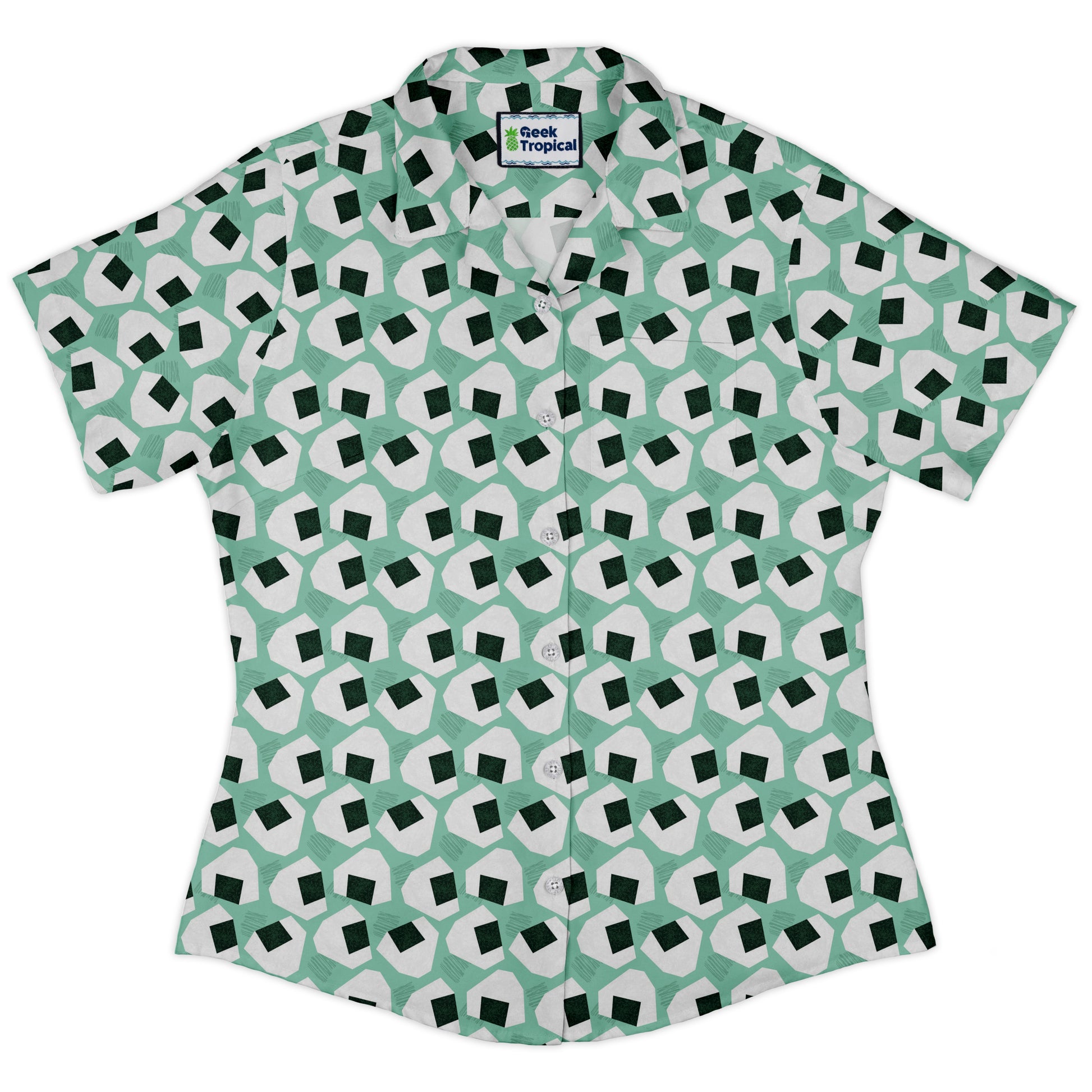 Omusubi Doodles Teal Curvy Button Up Shirt Old Curvy Button Up Shirt womens front
