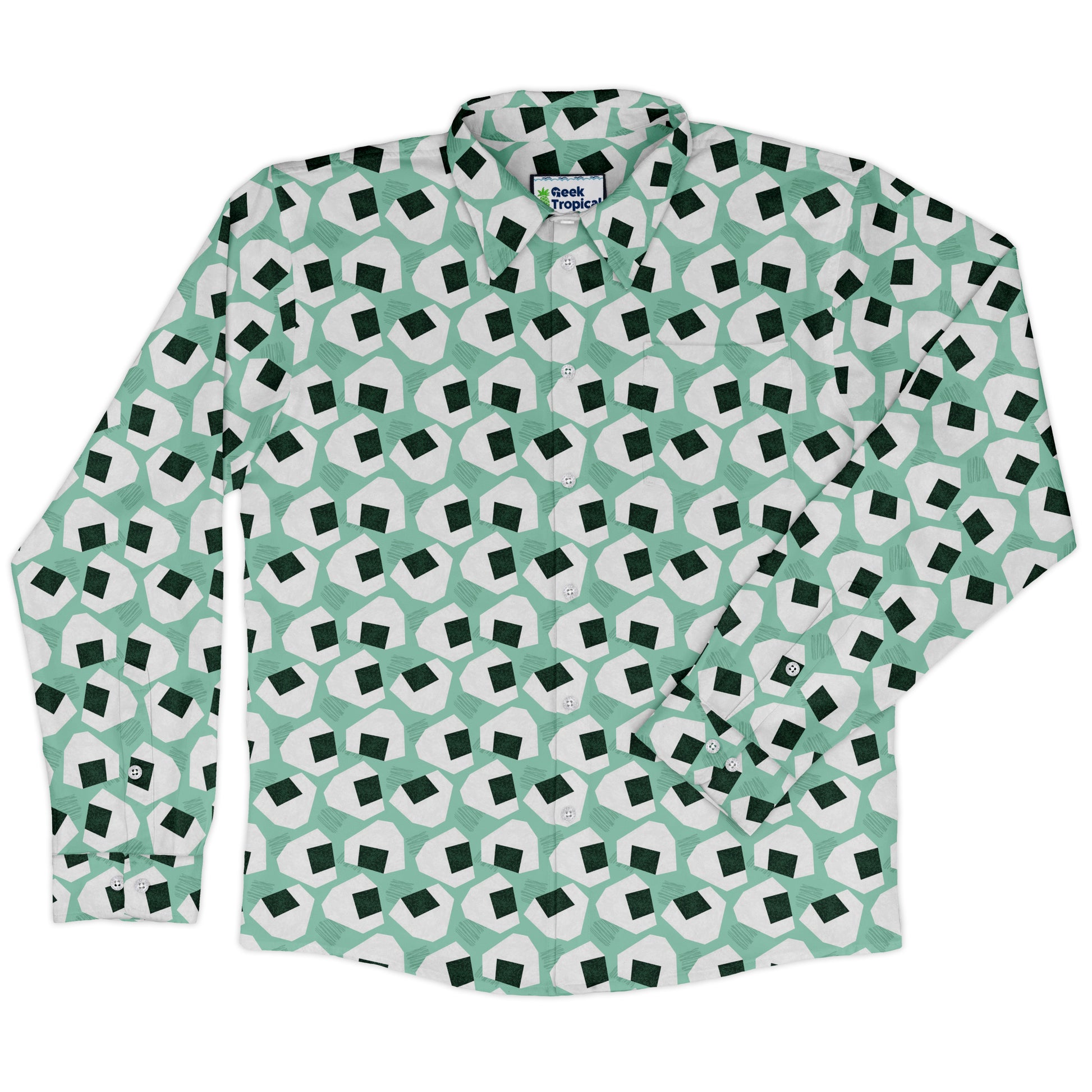 Omusubi Doodles Teal Long Sleeve Button Up Shirt front