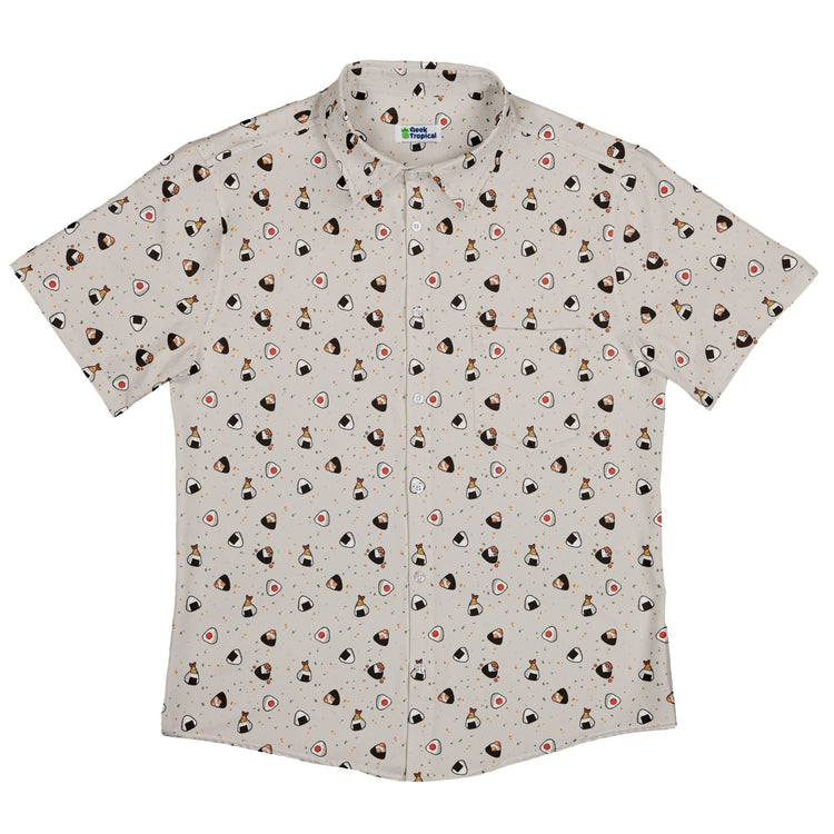 Onigiri Biege Button Up Shirt Geek Nerd adult sizing anime Design by Ardi Tong