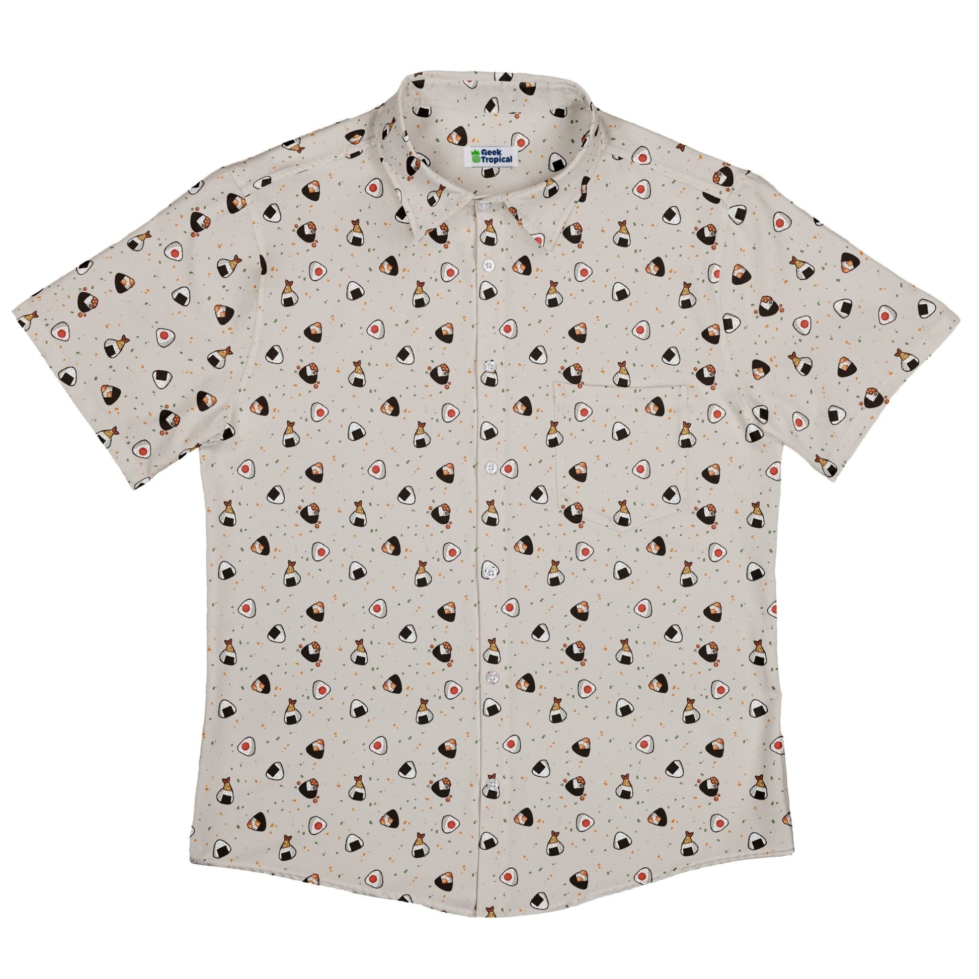 Onigiri Biege Button Up Shirt Geek Nerd adult sizing anime Design by Ardi Tong