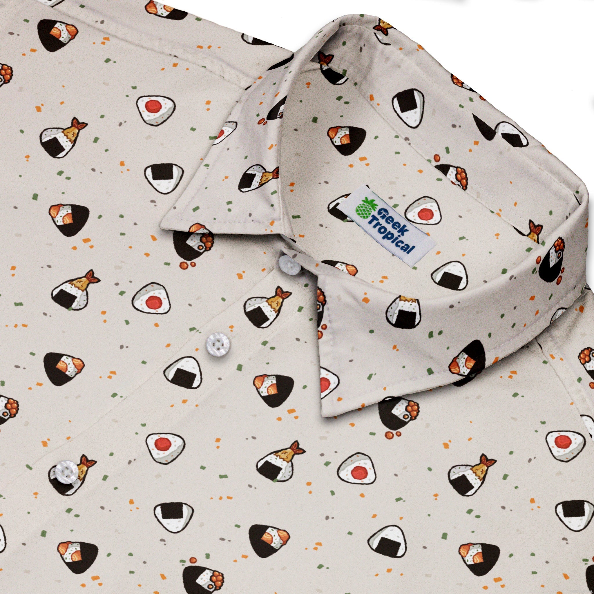 Onigiri Biege Button Up Shirt Geek Nerd adult sizing anime Design by Ardi Tong
