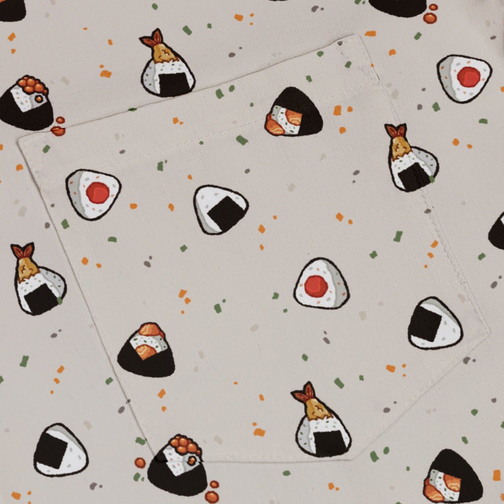 Onigiri Biege Button Up Shirt Geek Nerd adult sizing anime Design by Ardi Tong