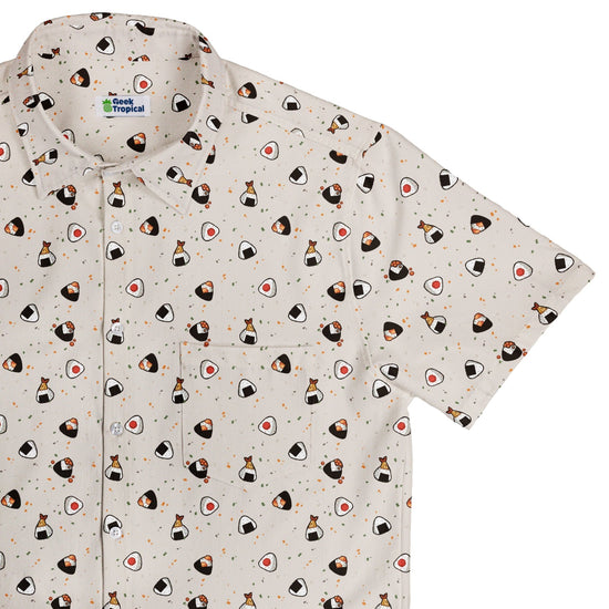 Onigiri Biege Button Up Shirt Geek Nerd adult sizing anime Design by Ardi Tong