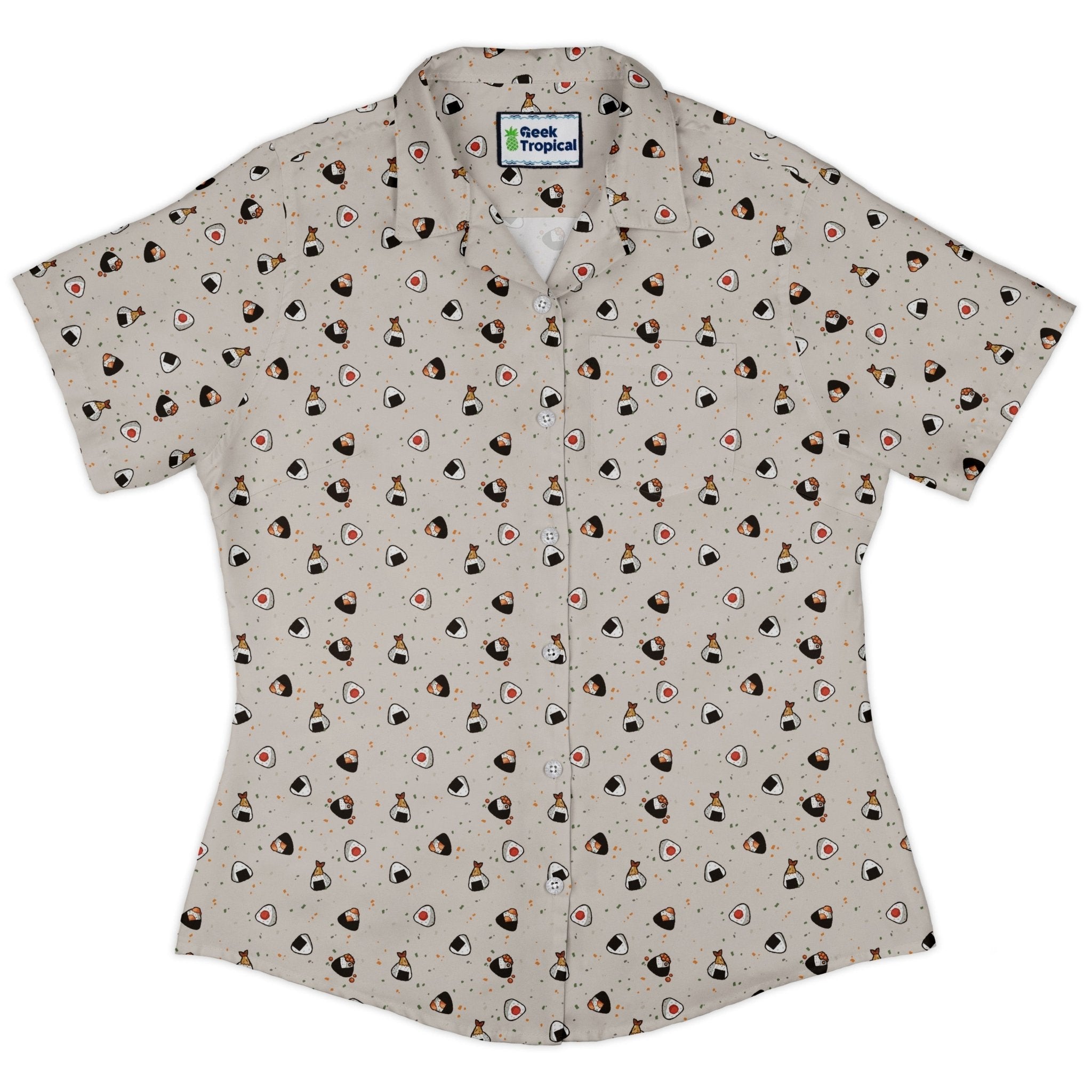 Onigiri Biege Curvy Button Up Shirt Geek Nerd anime Design by Ardi Tong q225