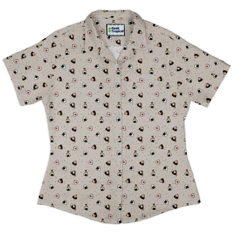 Onigiri Biege Curvy Button Up Shirt Geek Nerd anime Design by Ardi Tong q225