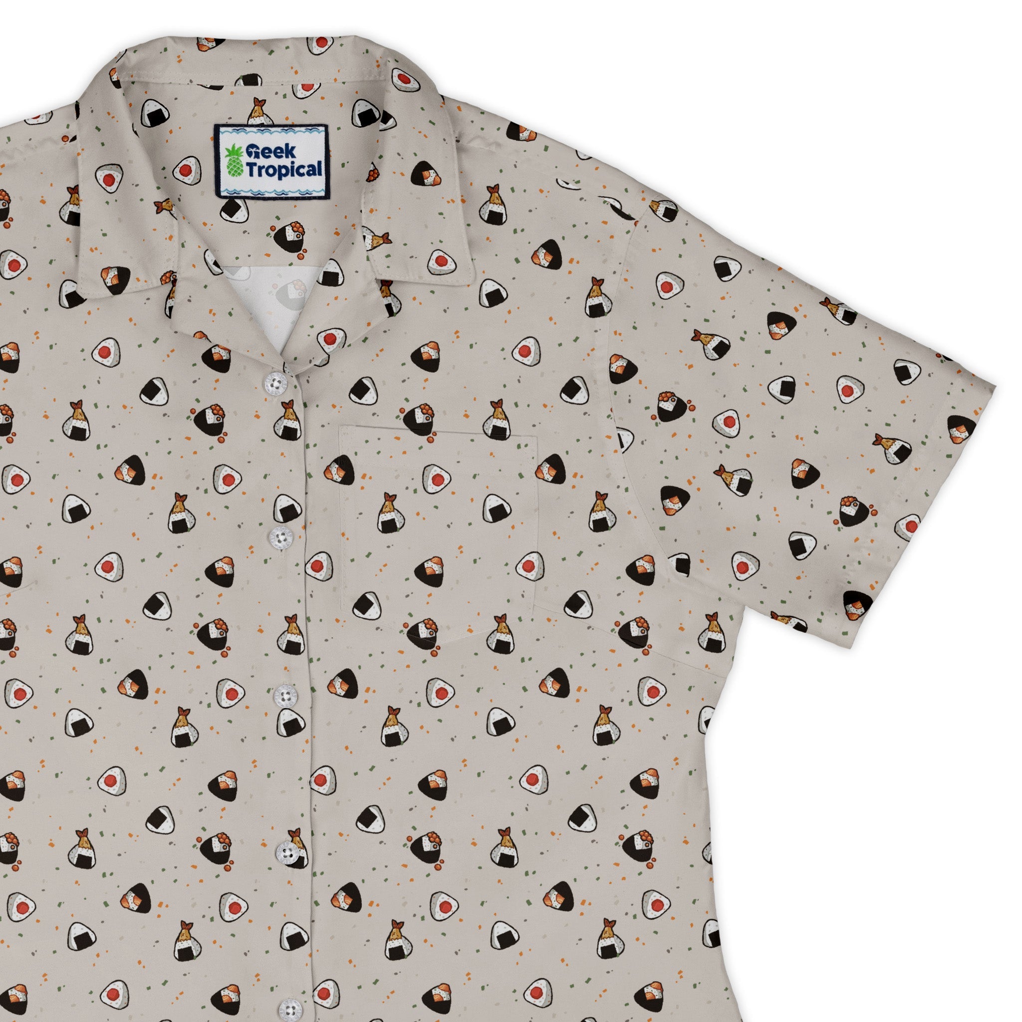 Onigiri Biege Curvy Button Up Shirt Geek Nerd anime Design by Ardi Tong q225