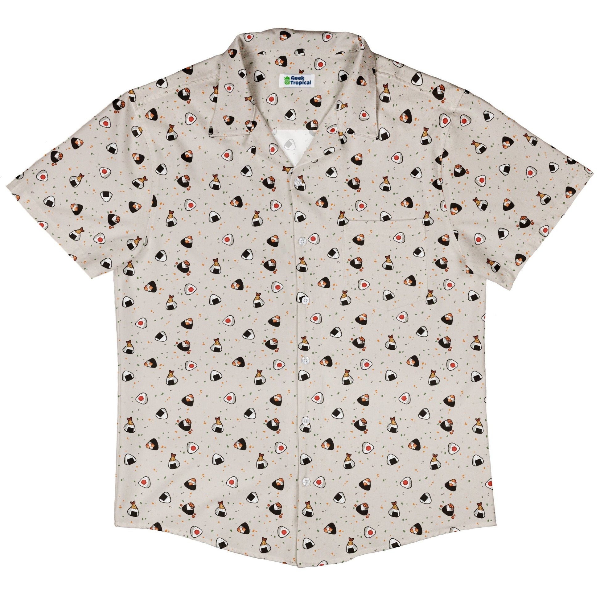 Onigiri Biege Button Up Shirt Geek Nerd adult sizing anime Design by Ardi Tong