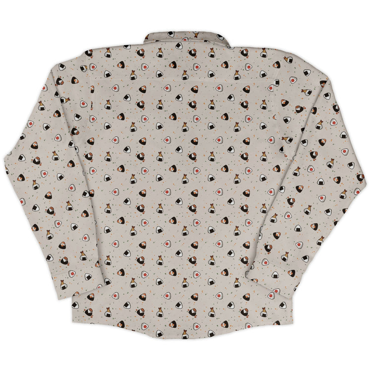 Onigiri Biege Long Sleeve Button Up Shirt Geek Nerd adult sizing anime Design by Ardi Tong