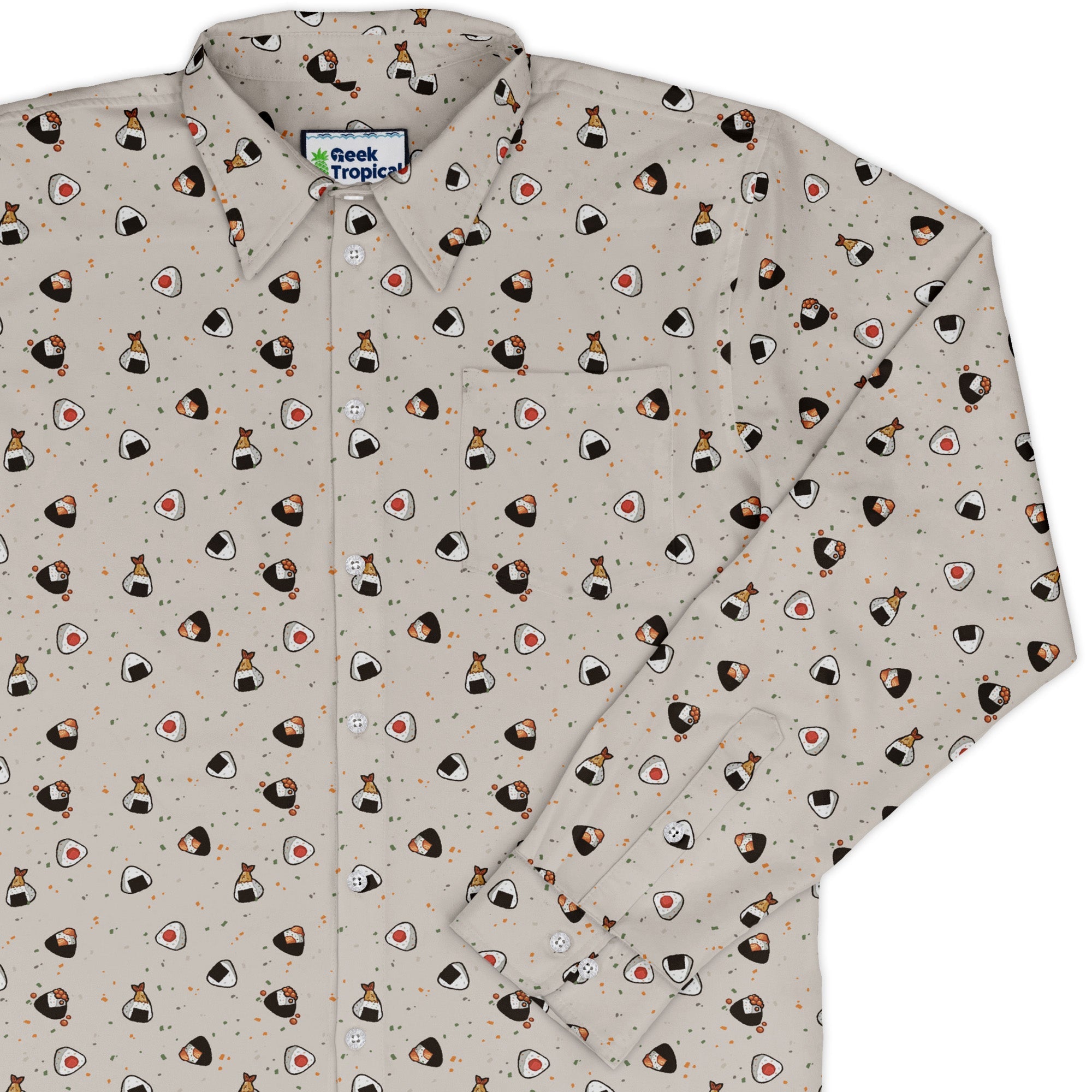 Onigiri Biege Long Sleeve Button Up Shirt Geek Nerd adult sizing anime Design by Ardi Tong