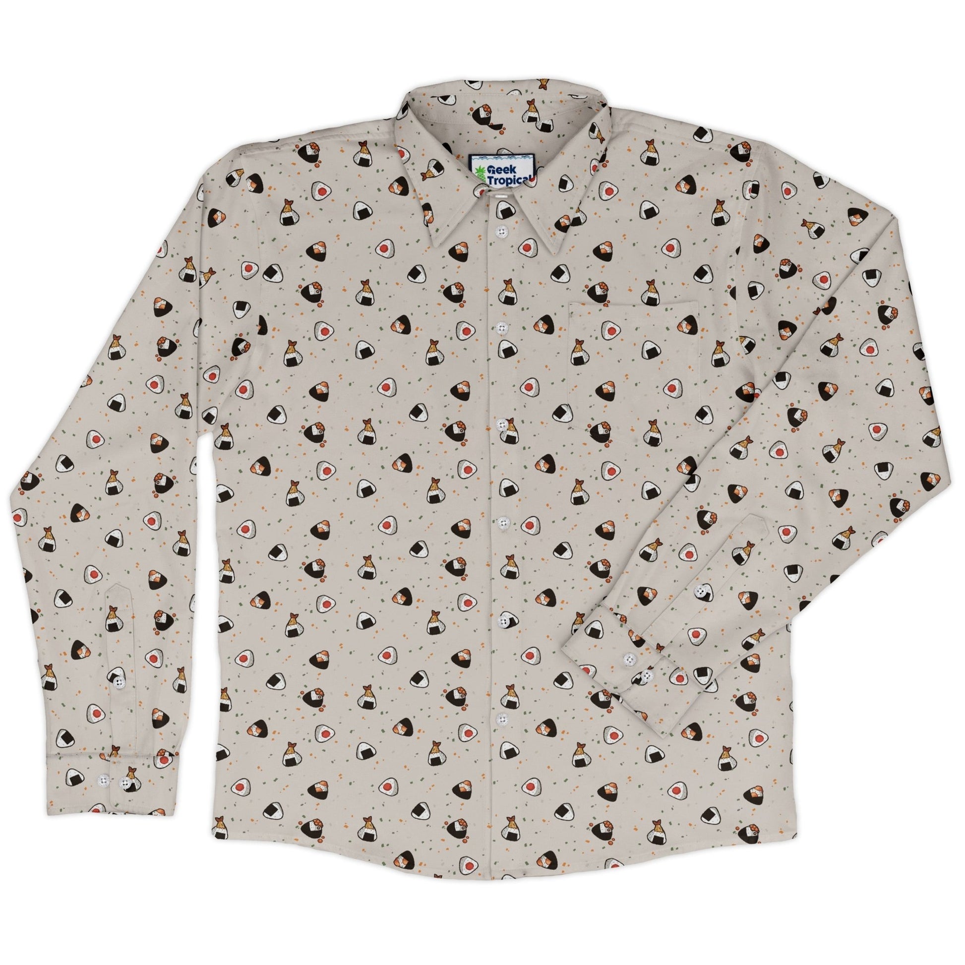 Onigiri Biege Long Sleeve Button Up Shirt Geek Nerd adult sizing anime Design by Ardi Tong