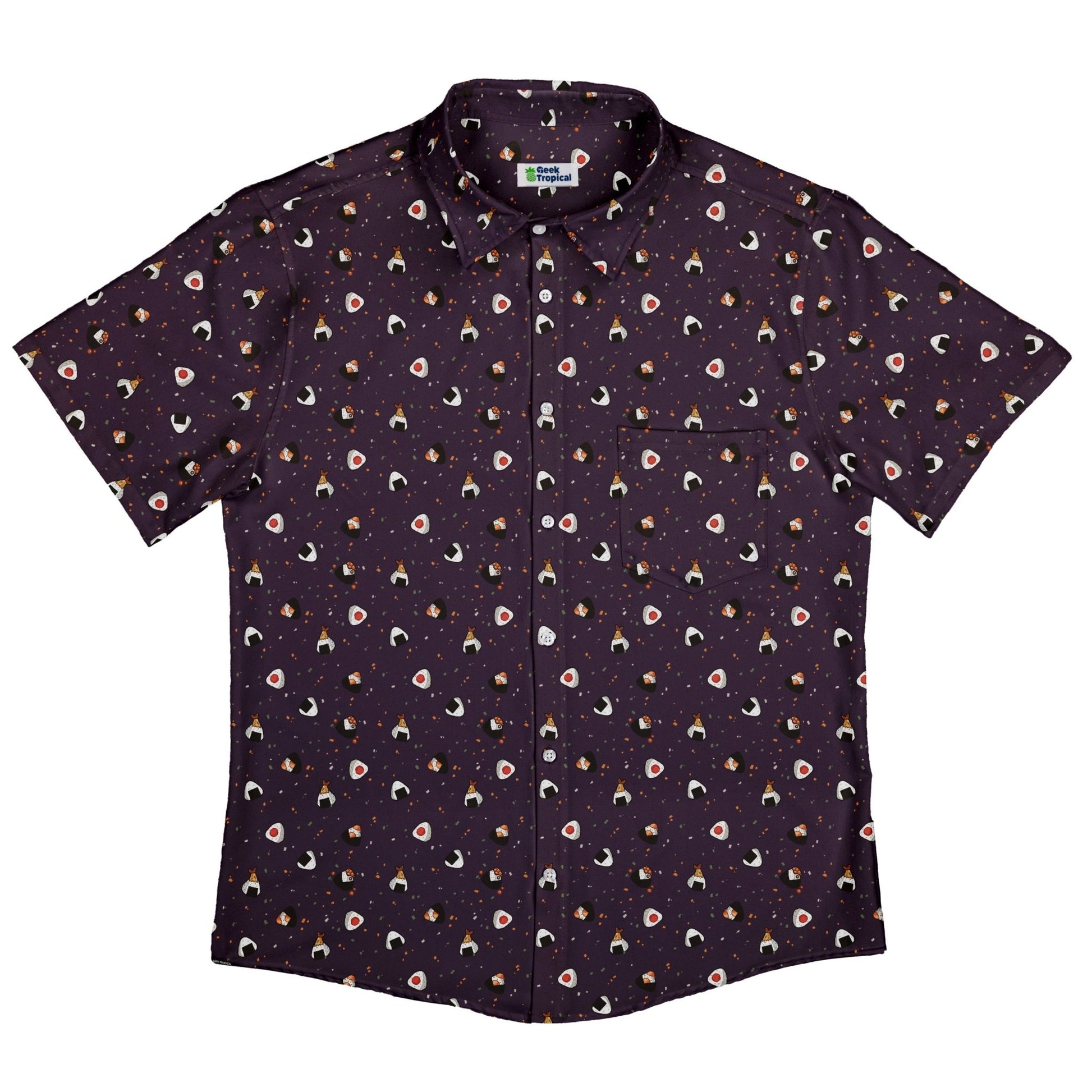 Onigiri Dark Button Up Shirt Geek Nerd adult sizing anime Design by Ardi Tong