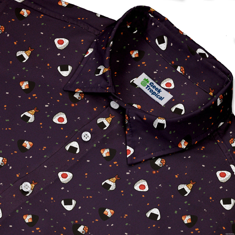 Onigiri Dark Button Up Shirt Geek Nerd adult sizing anime Design by Ardi Tong