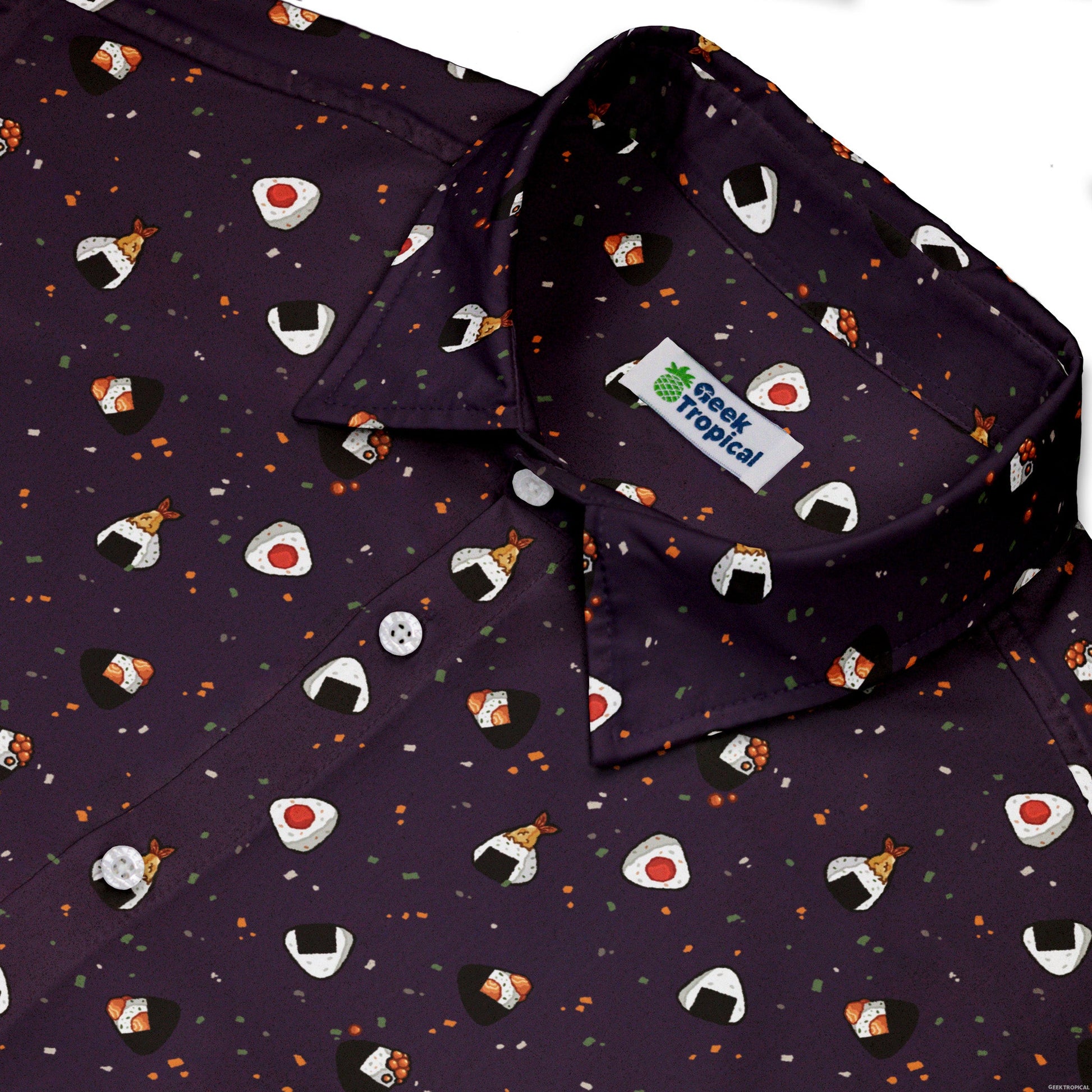 Onigiri Dark Button Up Shirt Geek Nerd adult sizing anime Design by Ardi Tong