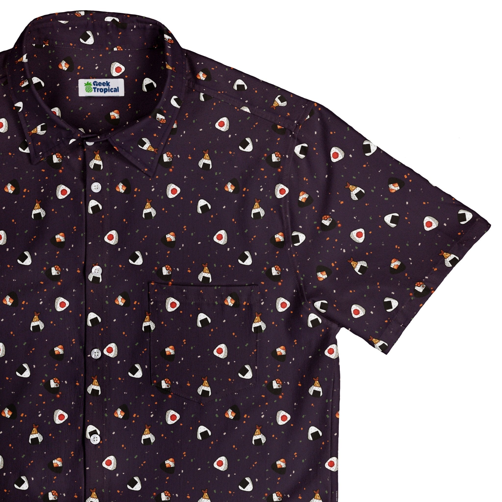 Onigiri Dark Button Up Shirt Geek Nerd adult sizing anime Design by Ardi Tong