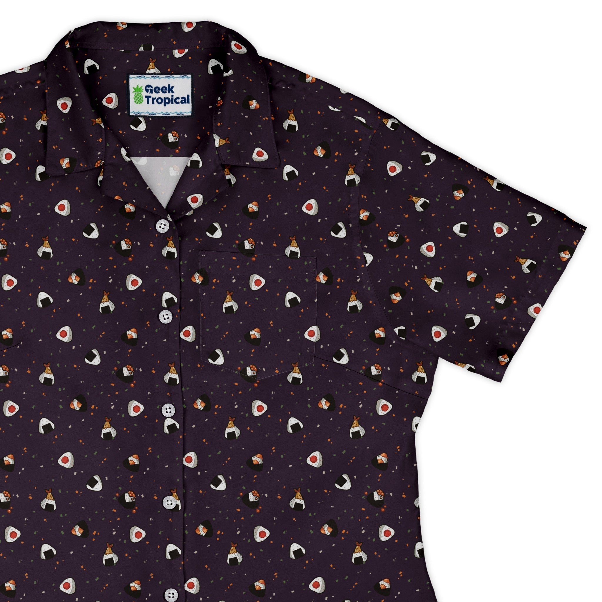 Clearance Ready - to - Ship Onigiri Dark Curvy Button Up Shirt Geek Nerd anime Clearance Design by Ardi Tong