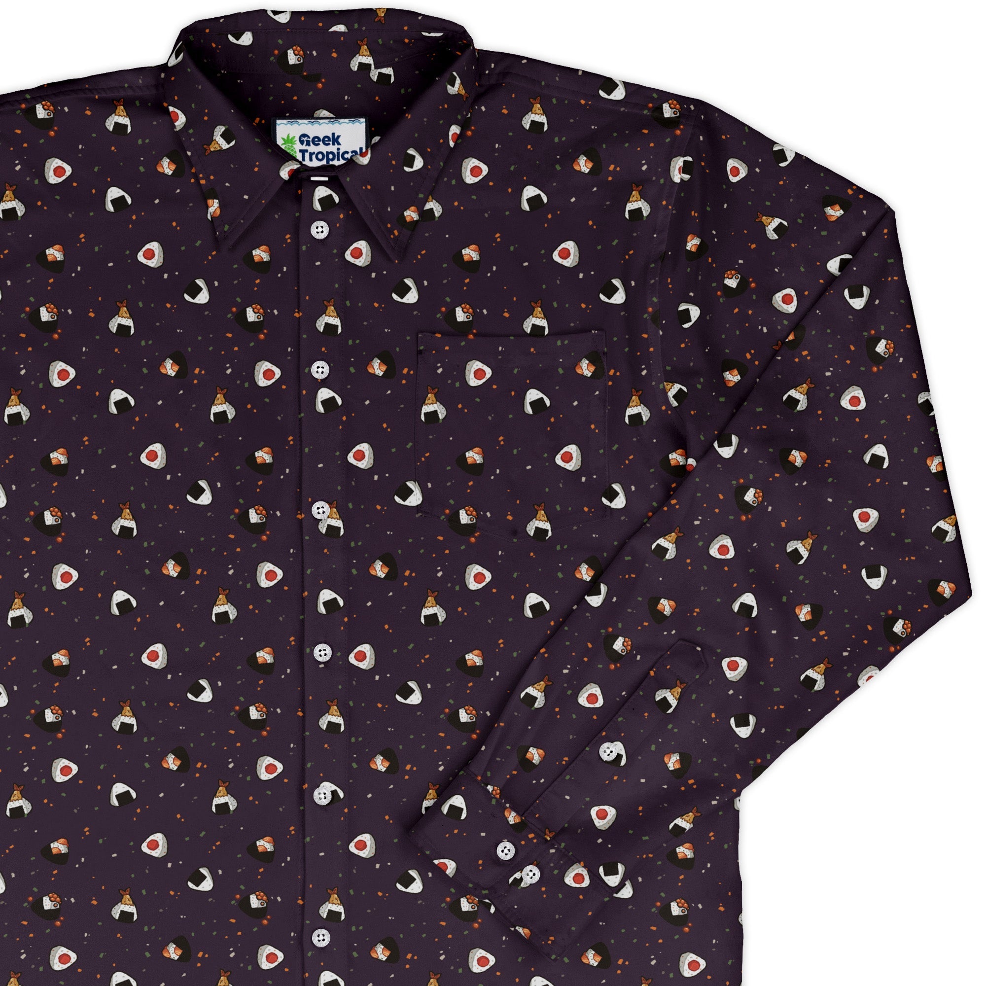 Onigiri Dark Long Sleeve Button Up Shirt Geek Nerd adult sizing anime Design by Ardi Tong
