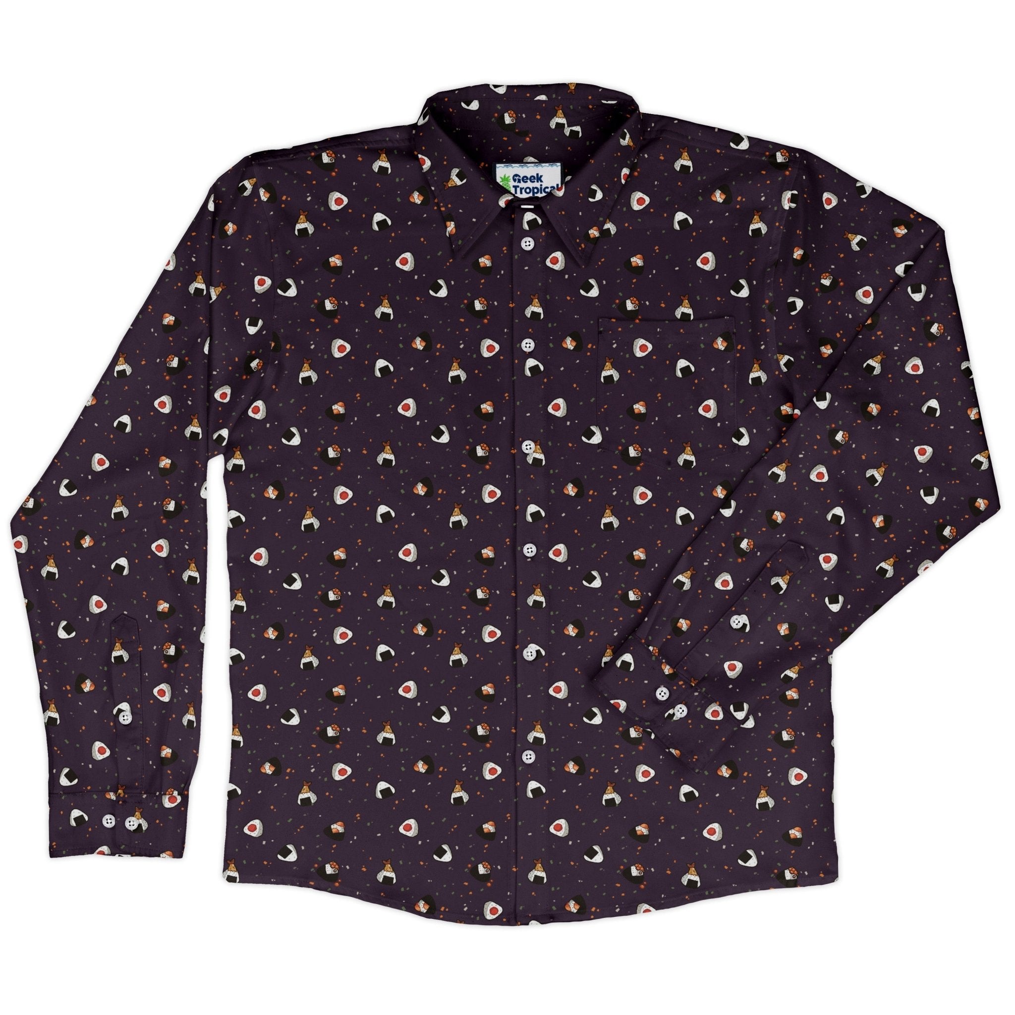 Onigiri Dark Long Sleeve Button Up Shirt Geek Nerd adult sizing anime Design by Ardi Tong