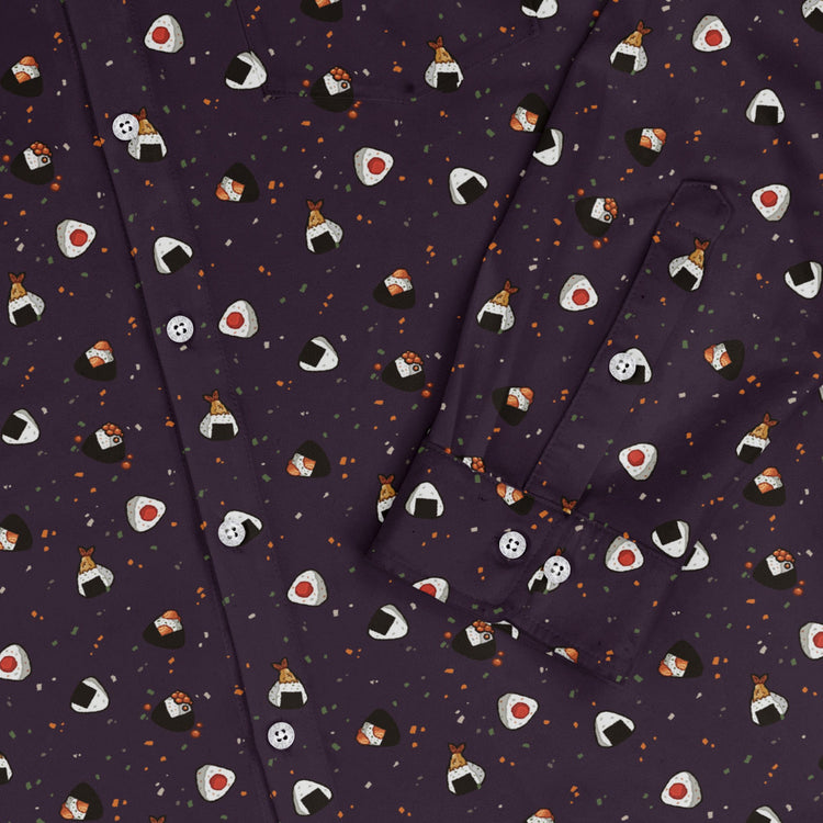Onigiri Dark Long Sleeve Button Up Shirt Geek Nerd adult sizing anime Design by Ardi Tong