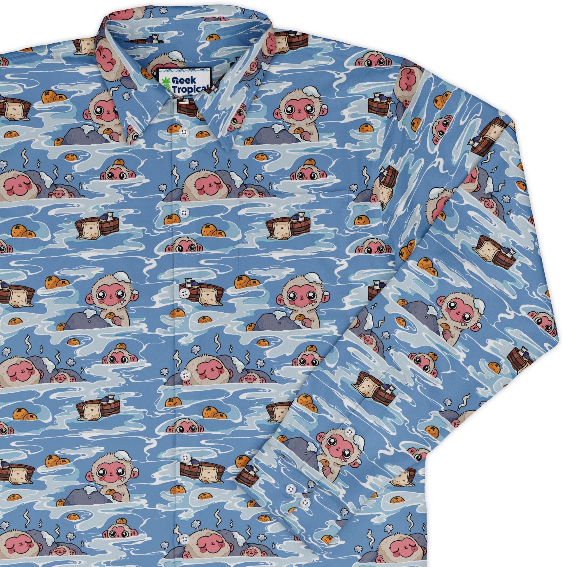 Onsen Snow Monkeys Long Sleeve Button Up Shirt Geek Nerd adult sizing Anime Christmas Print