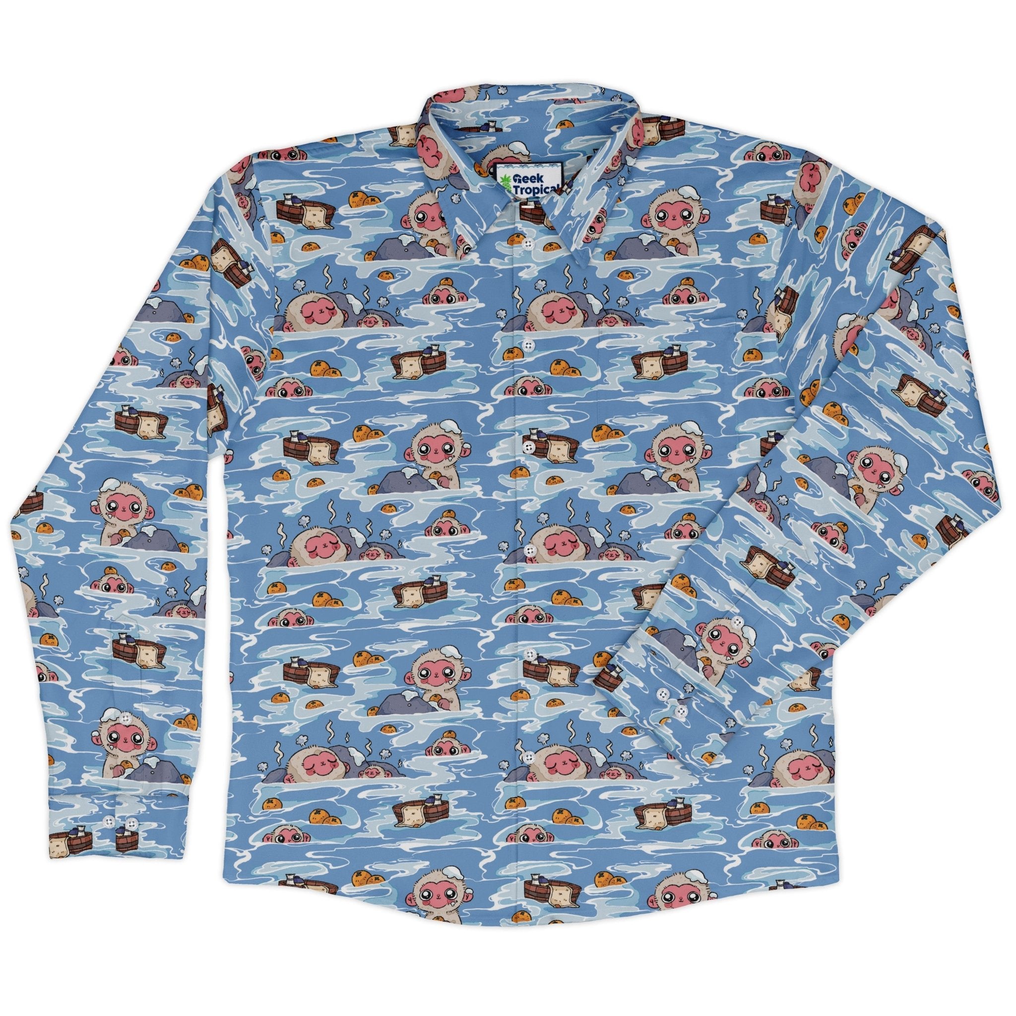 Onsen Snow Monkeys Long Sleeve Button Up Shirt Geek Nerd adult sizing Anime Christmas Print
