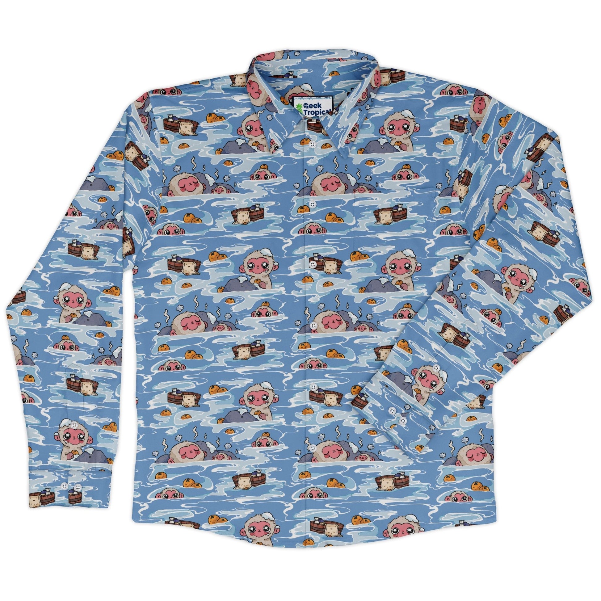 Onsen Snow Monkeys Long Sleeve Button Up Shirt Geek Nerd adult sizing Anime Christmas Print